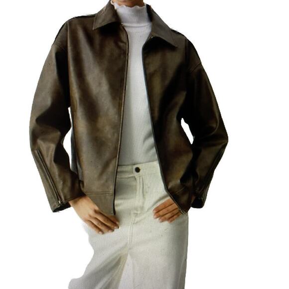 Jacket Faux Leather Double Pockets Zipper accent long sleeves collar XL or 12
